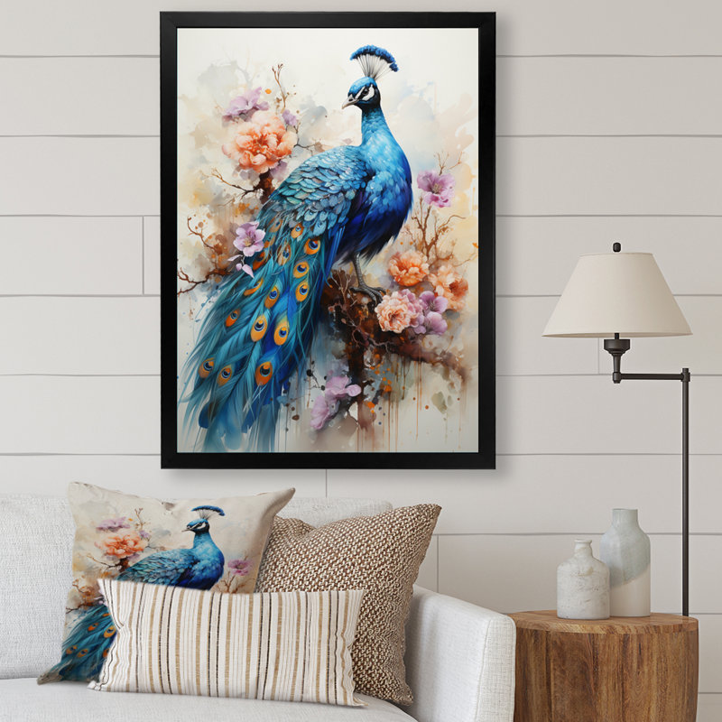 Arneisha, corail bleu, art indien dansant paon II - reproduction, H 20 po x l 12 po x P 1 po, Cadre simple noir