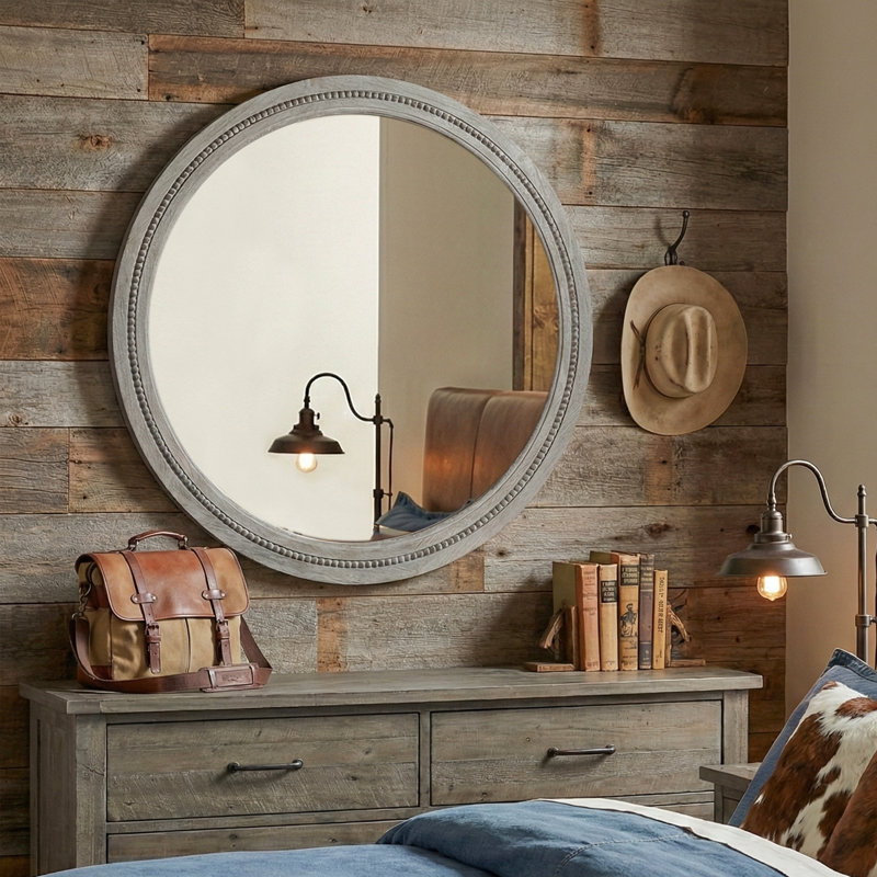 Miroir mural rond en bois massif, Gris patiné, 30 po x 30 po