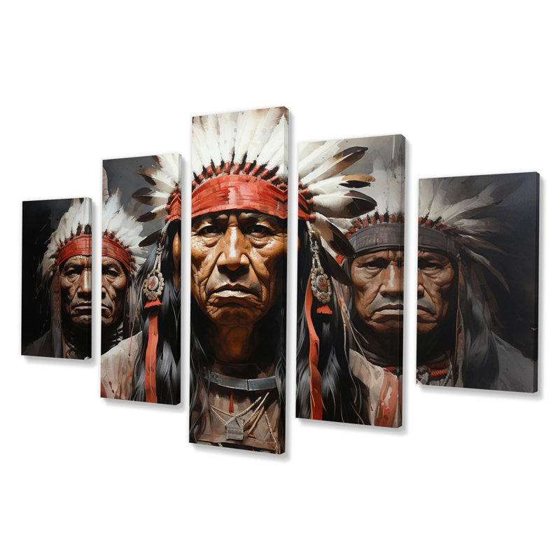 Native Art War Paint Portrait - Native American Wall Art Living Room - 5 panneaux