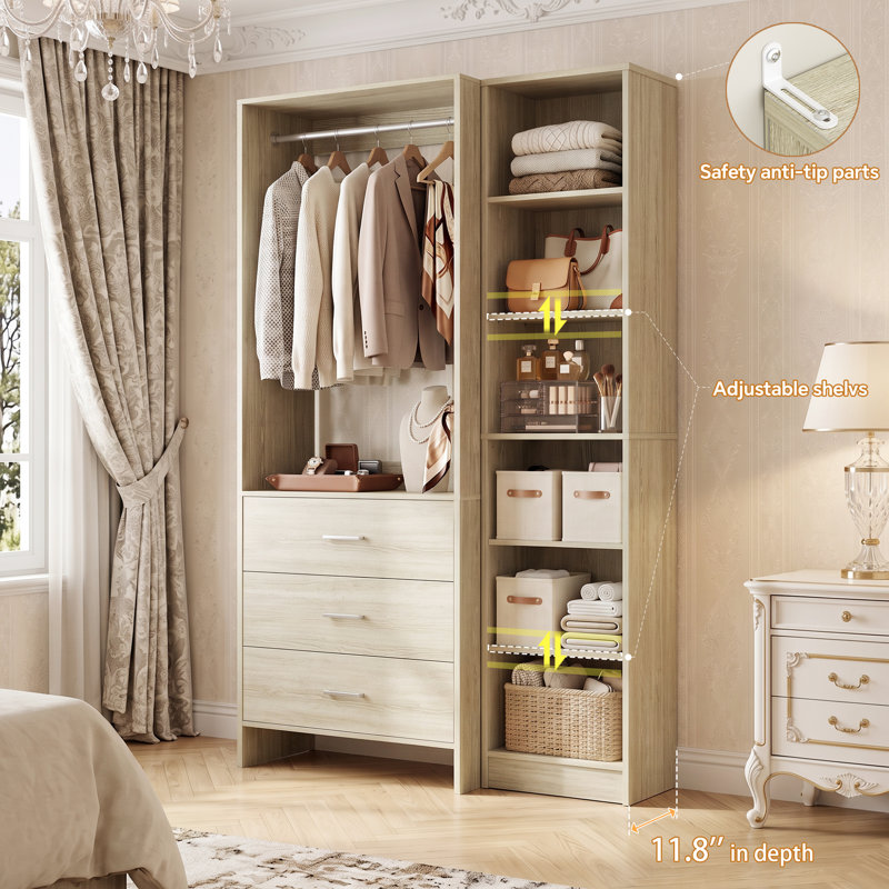 Closet System With Open Shelves, Washed Oak