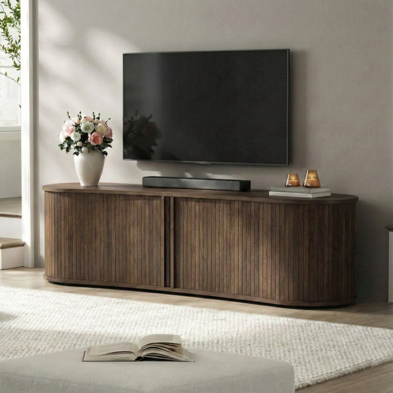 Aurel Buchheit Modern 59.1" Fluted TV Stand With Open Storage And Sliding Door, Brown