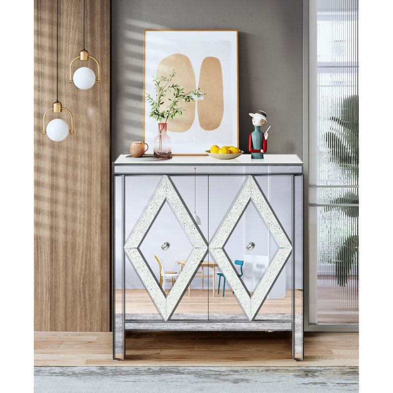Armoire de rangement en forme de losange avec miroir argenté pour salon, salle à manger, entrée, cuisine - Meuble de rangement en verre avec moulures et motifs, solide