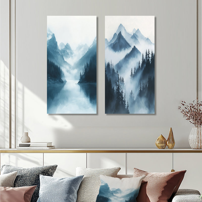 Winter Misty Peaks In The Morning I - Paysages, impressions sur toile, collection 2 panneaux, H 32 po x l 33 po, Toile tendue