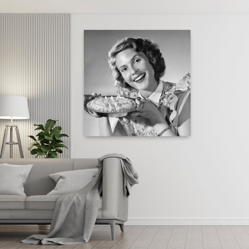 1950S Smiling Woman Presenting Holding Freshly Baked Pie Classic Retro Vintage Portrait Architecture Wall Art