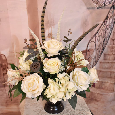 Roses and Silk Floral Arrangement in Vase with Feathers 