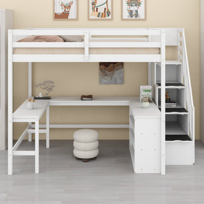 Contemporary Loft Bed Featuring L-Shaped Study Desk,  Storage Shelves and Storage Staircase