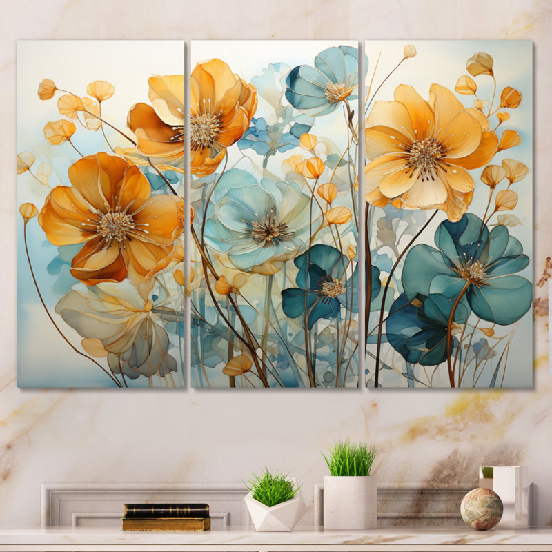 «Teal Orange Botanical Fragments I» sur toile, impression de 3 pièces, H 28 po x l 36 po x P 1 po