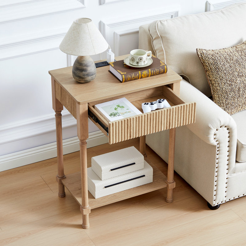 Farmhouse End Table With Storage And Built-In Charging Outlets, Natural