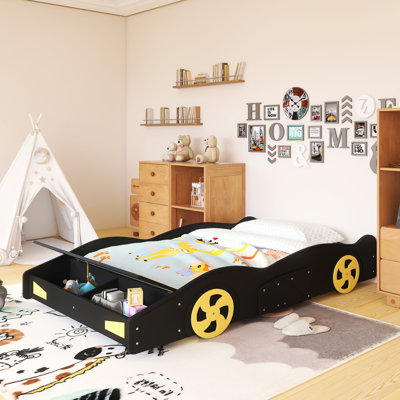 Wood Frame Full Size Race Car-Shaped Platform Bed With Storage