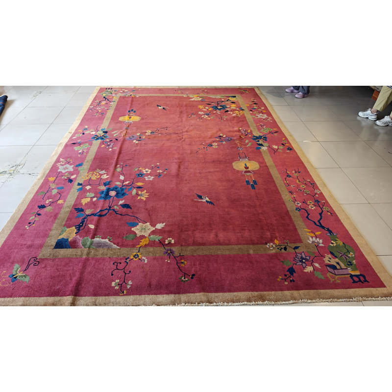 Antique Art Deco Room Size Wool Coral Rug