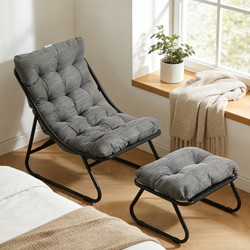Outdoor Patio Lounge Chair with Ottoman and Adjustable Backrest, Corduroy Gray, Black