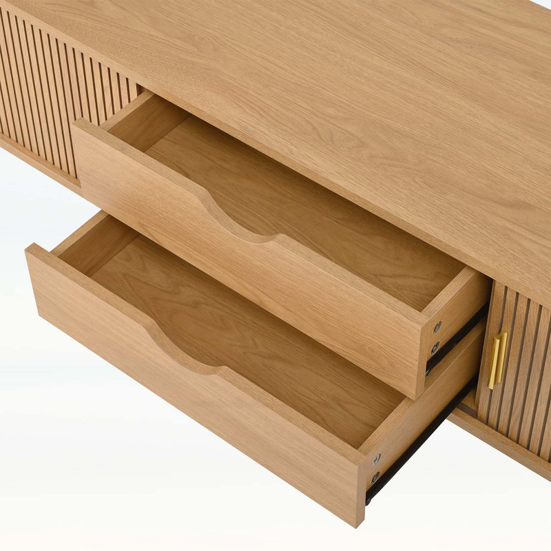 Console média Mid-Century avec porte tambour coulissante, Naturel