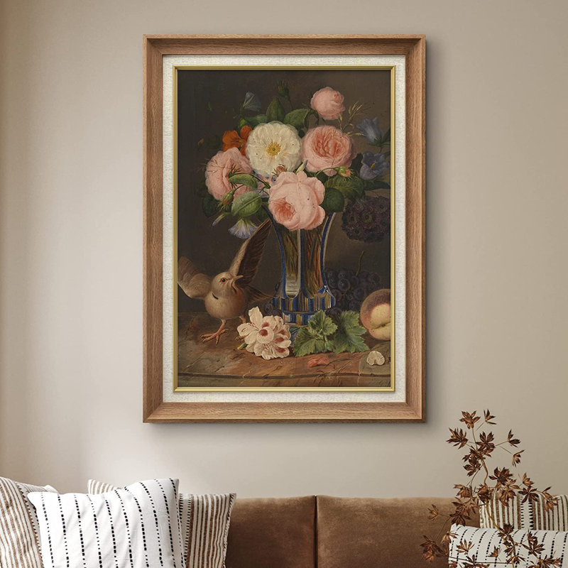 Bouquet de fleurs et oiseau - peinture sur toile encadrée, Naturel
