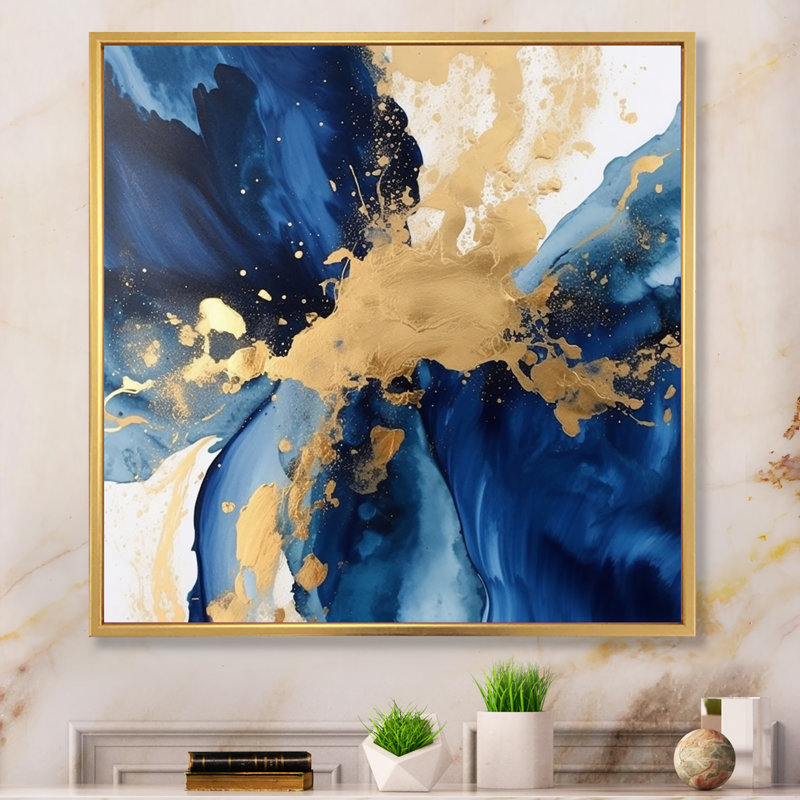 Dark Blue and Gold Strokes VIII - Fractals Framed Art, Gold Floater Framed, 36" H x 36" W