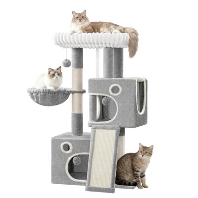 98cm Tall Cat Tree Tower for Indoor Cats, Multi-Level Cat House Furniture with Scratching Ramp, Sisal Scratching Post, 2 Caves & Large Platform, Light Grey
