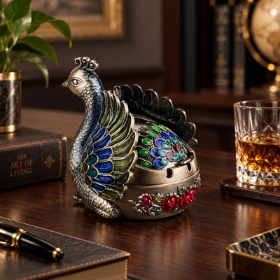 Peacock Metal Ashtray with Lid and Three Cigarette Rests, Bronze