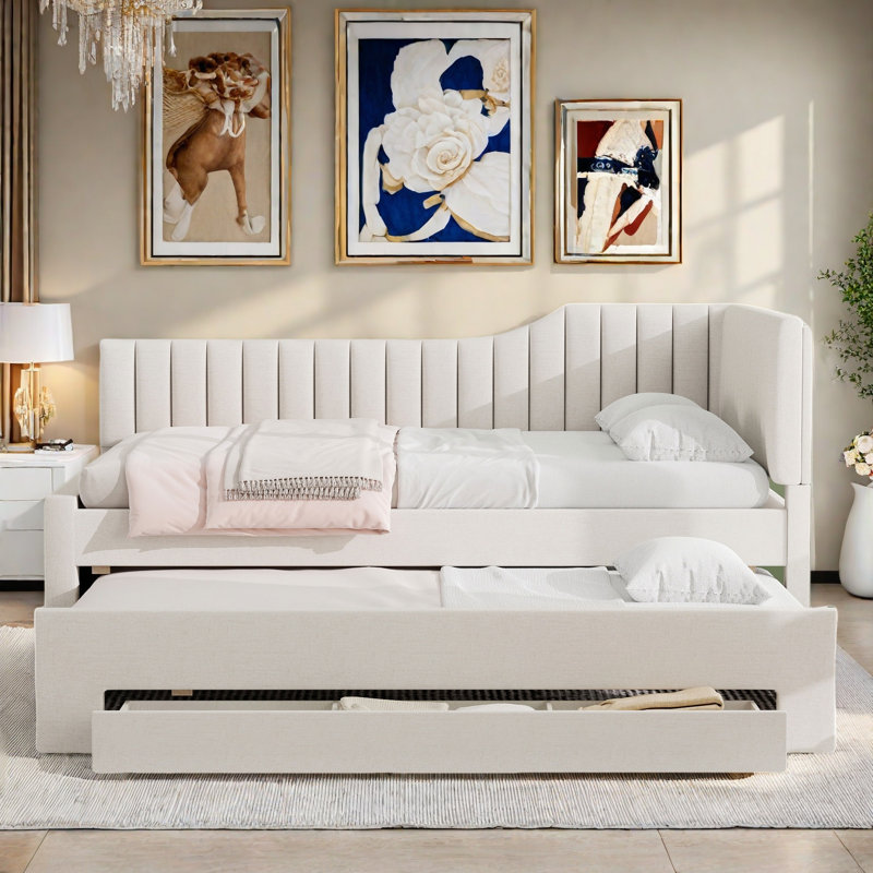 Upholstered Daybed With Trundle, Three Drawers And Vertical Striped Design, Beige, Full/Double