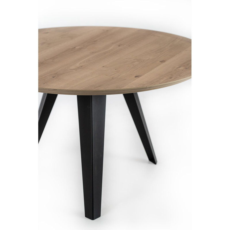Leedey Oak Round Solid Wood Top Metal Base Dining Table, Oak