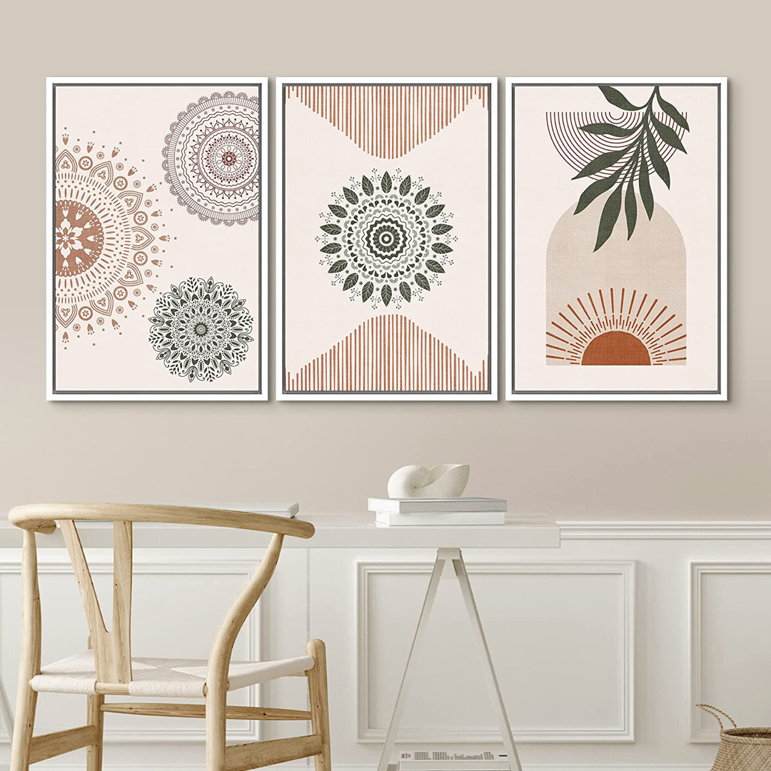 Mid Century Modern Boho Geometric Mandala Pattern Forest Plant - 3 Piece Floater Frame Graphic Art Set on Canvas IDEA4WALL Frame 