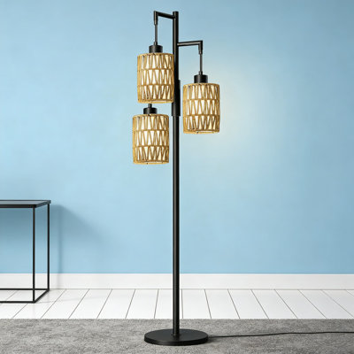 Lampe sur pied de 70 pouces à intensité variable avec 3 lumières, lampe d'arbre industrielle moderne Boho Farmhouse pour salon, chambre à coucher, bureau, bureau avec abat-jour en rotin et lin