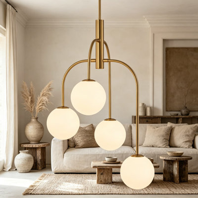 Mid Century Modern Chandelier, 4-Light Milk Glass Globe Pendant Light with Gold Metal Frame and White Ball Shades, Adjustable Height Hanging Ceiling Light for Dining Room Kitchen Island Entryway, Brushed Gold