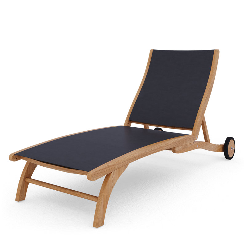 Perrin Teak Outdoor Reclining Chaise Lounger with Rear Wheels, Black