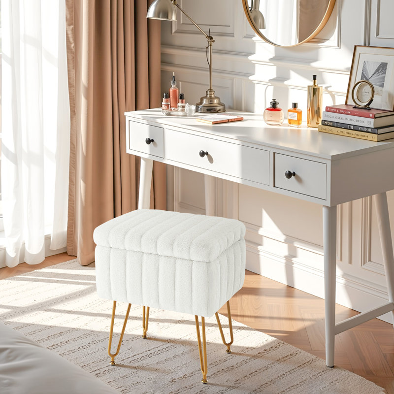 Tabouret de coiffeuse moderne avec 4 pieds en métal et rangement, repose-pieds multi-usage pour chambre de maquillage, Blanc