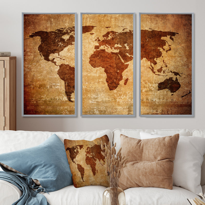 Ancienne carte du monde, impression sur toile flottante 3 pièces, H 28 po x l 36 po, Silver