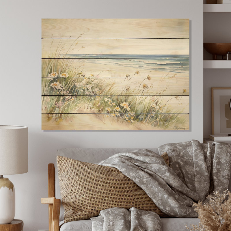 Fleurs sauvages sur la plage - Art mural en bois sur bois de pin naturel, H 10 po x l 20 po