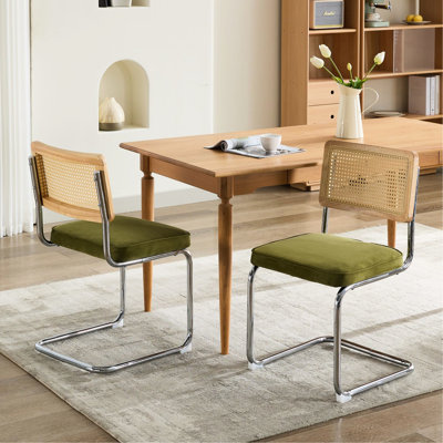 De 2 chaises de salle à manger de style Mid-Century moderne, velours olive, canne naturelle, base en acier inoxydable, fabrication en porte-à-faux pour les chaises de stabilité 2, velours rembourré avec dossier et style résilient, charge jusqu'à 360 lb