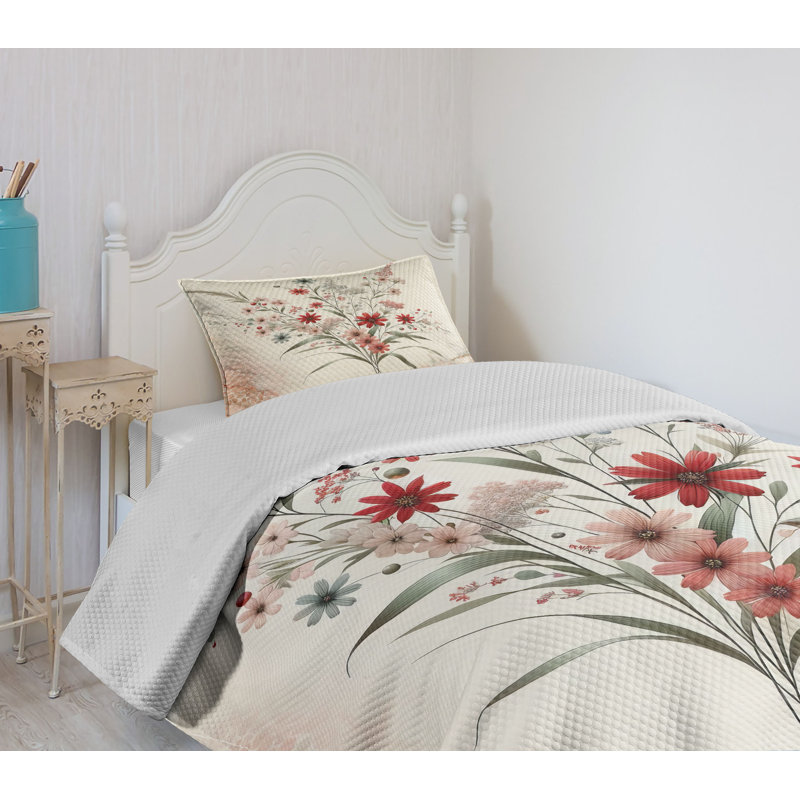 Twin Blue Floral Polyester Bedspread Set