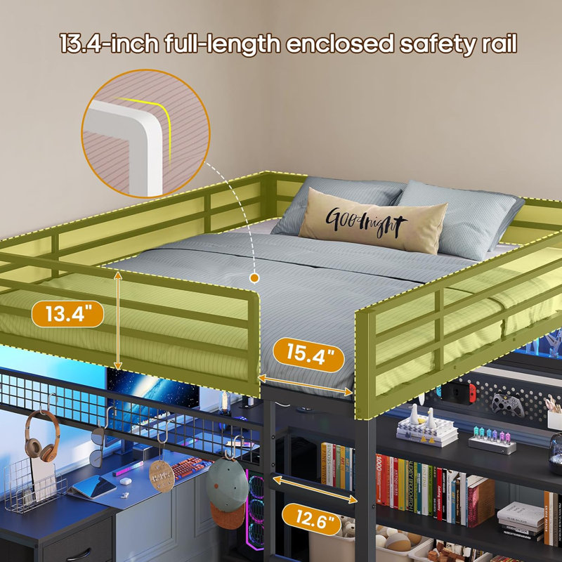 Twin Size Loft Bed With L-shaped Gaming Desk, Hutch & Storage Drawers And Charging Station, Metal Loft Bed Frame With Rgb Lights