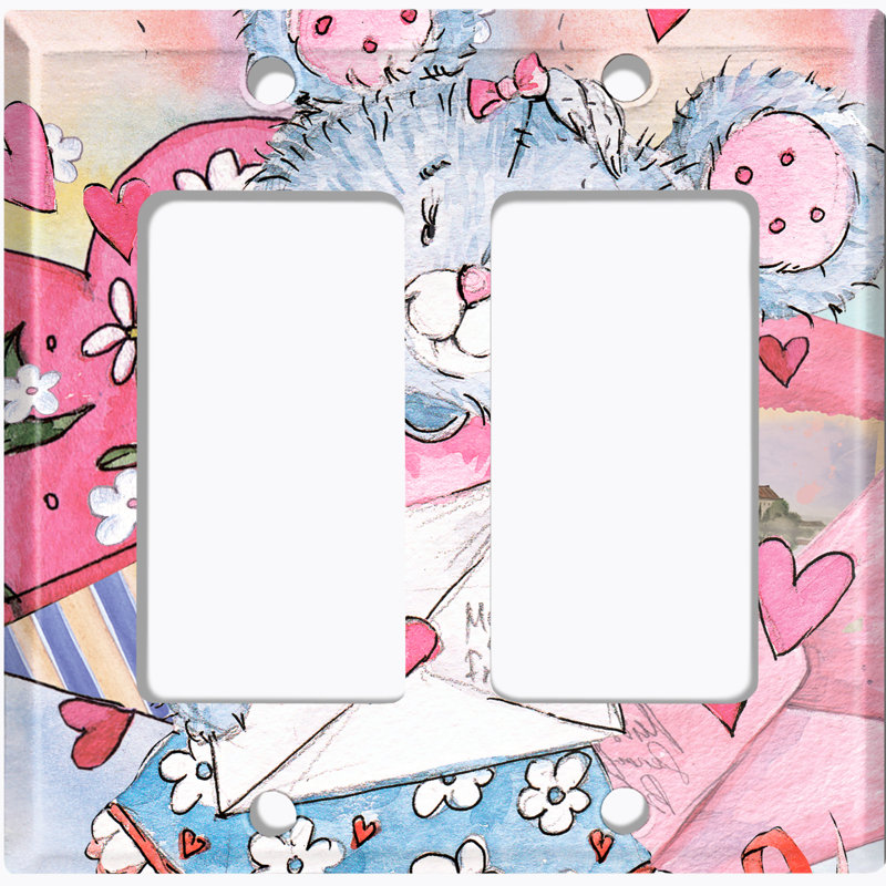 Metal Light Switch Plate Outlet Cover (Teddy Bear Love Letter Heart Flower - Double Rocker)