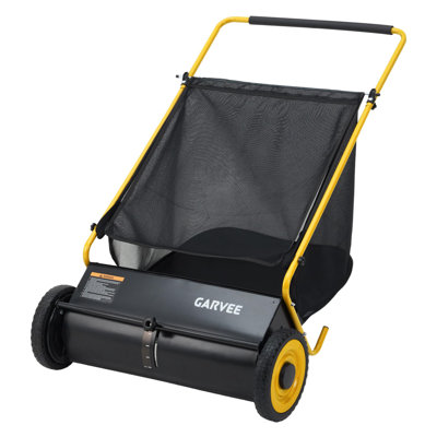 Efficient Yard Cleanup Push Lawn Sweeper – 26-Inch, 4 Spinning Brushes, Large 7 Cu. ft. Mower, Adjustable Height, Heavy-Duty Steel Frame, Rubber Tires – Ideal for Leaves & Grass – Yellow + Black