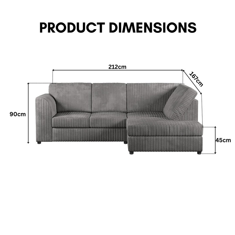 4 Seater Jumbo Cord Corner Sofa High Back Cushion including Foot Stool, Grey, Right Hand Facing