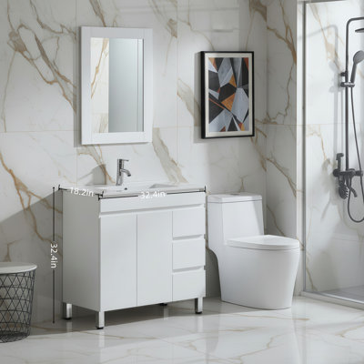 Meuble-lavabo en bois blanc, comptoir en céramique, avec miroir et robinet