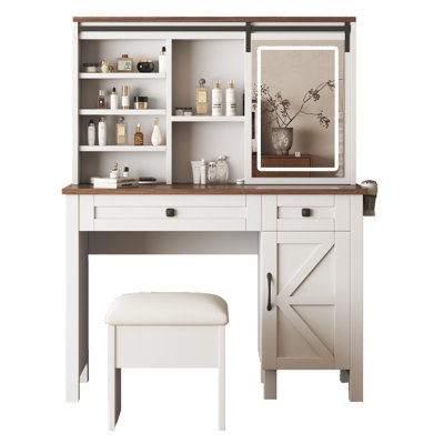 Farmhouse Makeup Vanity Desk With Sliding Mirror And Lights  Mirror Only (Includes Mirror Only)