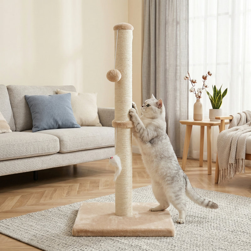 Grattoir pour chat 32 pouces avec 2 boules suspendues, grand griffoir en sisal pour chats d'intérieur, jaune