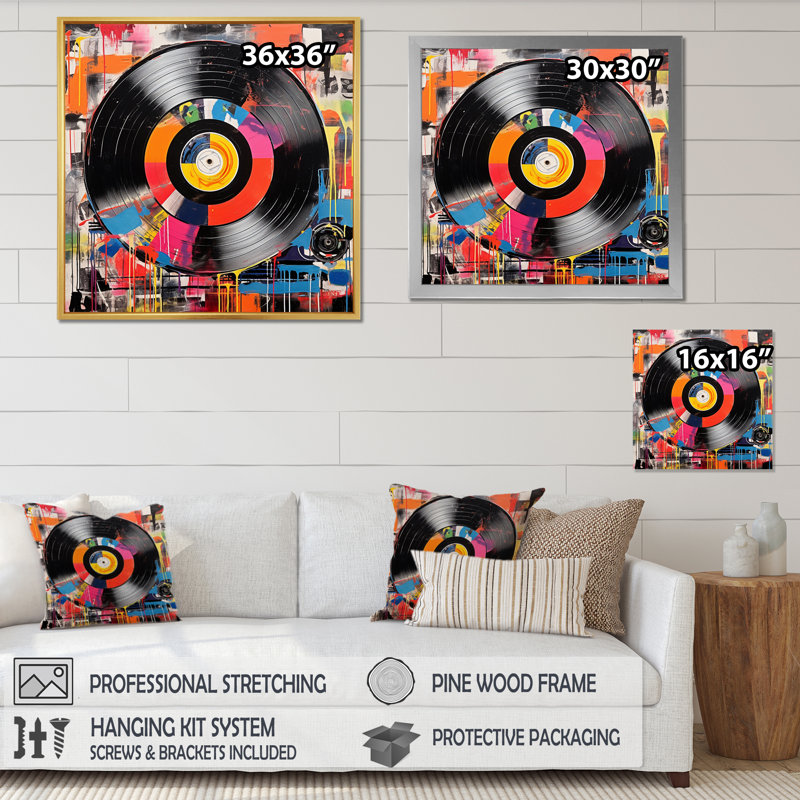 Coloré rétro vinyle III - Disques vinyle, art mural, Toile tendue, H 30 po x l 30 po x P 1 po