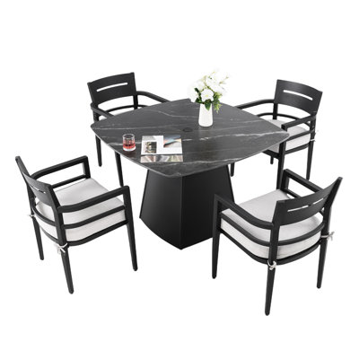 Outdoor 5 Dining With 44" Rounded Square Sintered Stone Table, Stylish Armchairs And Fade- Cushions Patio Featuring Comfortable