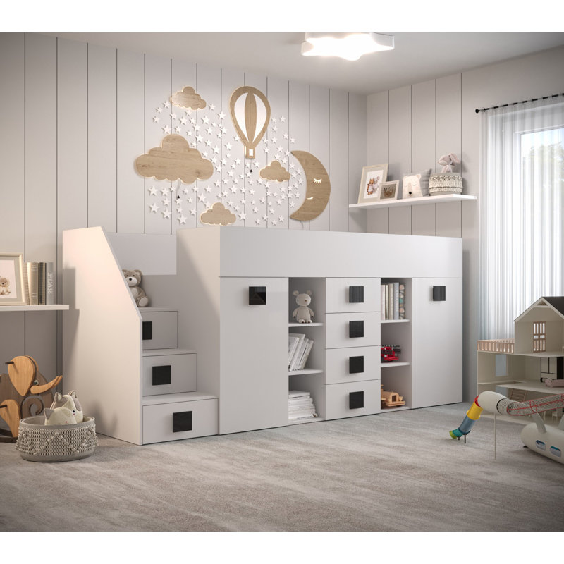 Goyette European Single (90 X 200 Cm) Loft Bed with Storage Included, White/Black
