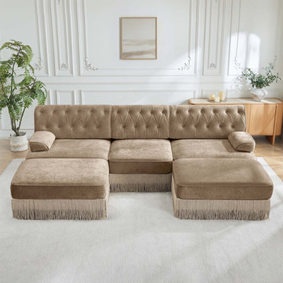 Canapé modulaire 3 places en tissu de velours capitonné à boutons avec jupe à franges et 2 repose-pieds pour les salons, les aires de repos et les chambres à coucher