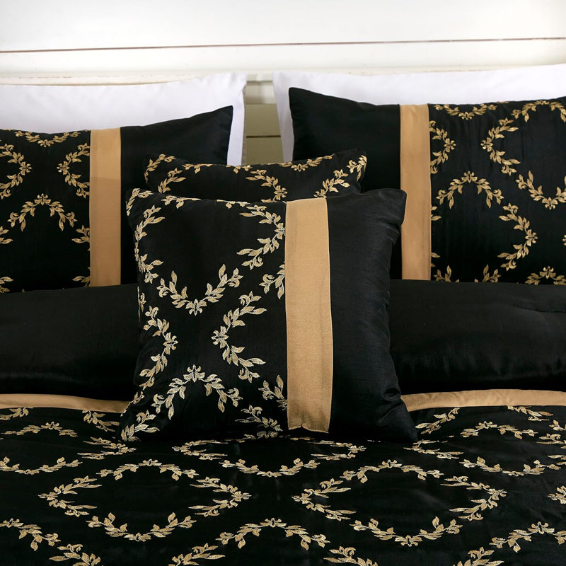 Queen Black and Gold Faux Silk Embroidered Comforter Set
