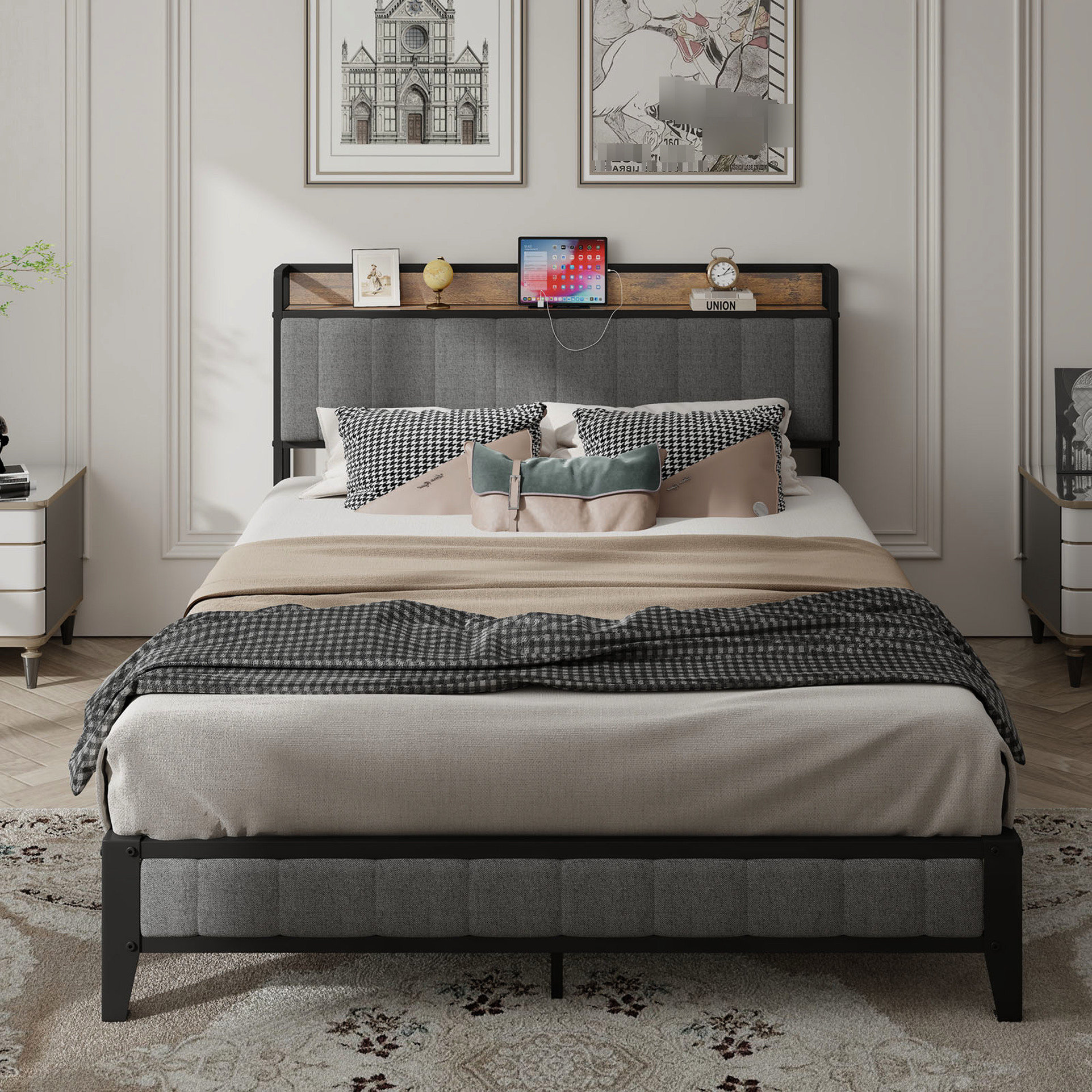 Ebern Designs Queen Size Bed Frame - Metal, Upholstered Headboard ...