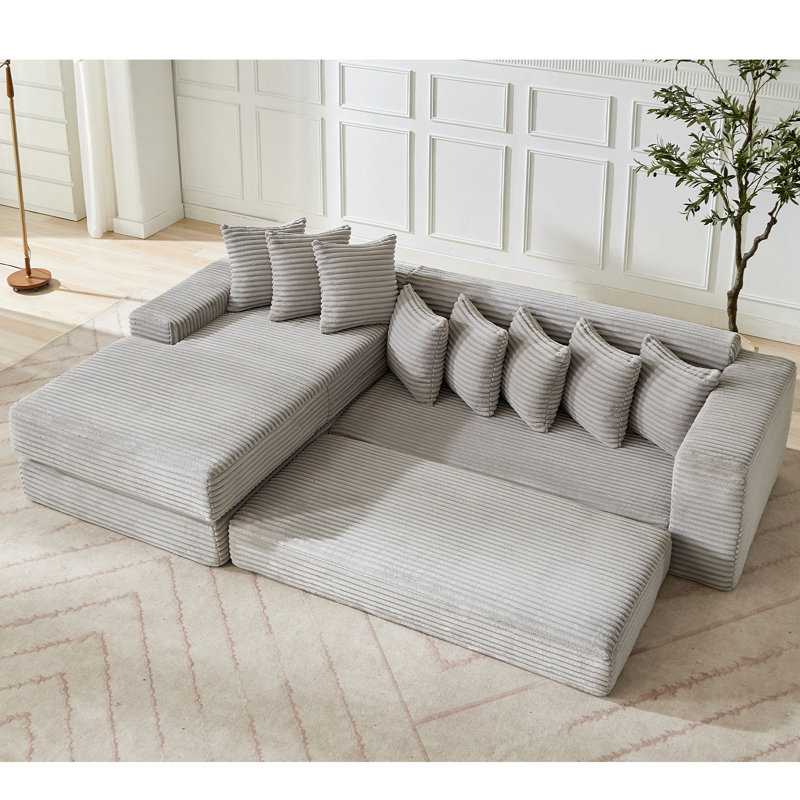 Boneless Oversize Cloud Couch, L-Shape Sofa, Convertible Floor Sleeper Sofa Bed, No Assembly ,Eight Pillows,3-In-1,Side Pocket,Corduroy