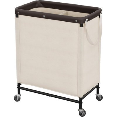 Chariot à linge roulant à 2 compartiments, beige, 100 L, avec poignées, organisateur de rangement à 2 bacs pour chambre, salle de bain, appartement ou dortoir