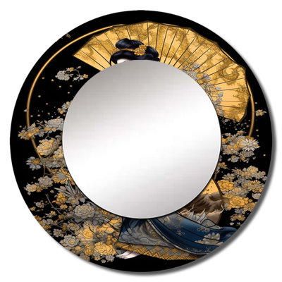 Qiuana Elegant Japanese Woman VI - Woman Large Mirror, Modern Round Unique Wall Mirror Decor, Printed Metal Art
