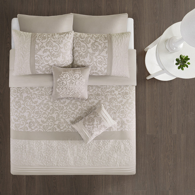Ensemble d'édredon brodé 8 pièces Luxury Transitional | Literie en microfibre de polyester hypoallergénique avec motif pintuck matelassé, taies décoratives et coussins lavables à la machine