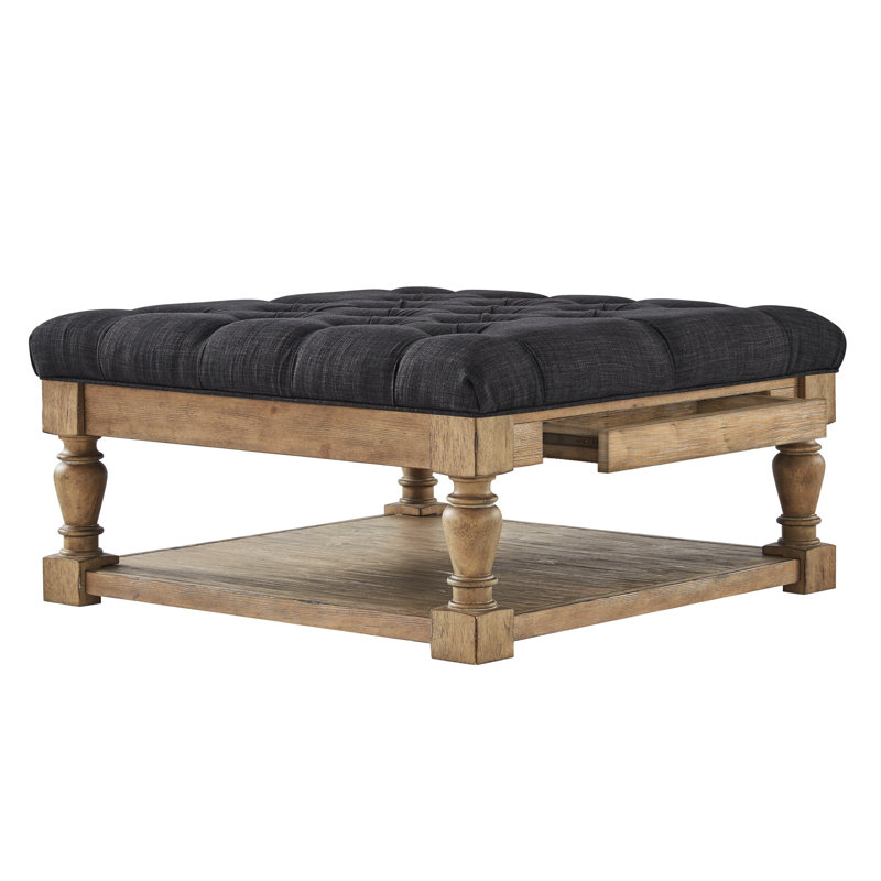 Repose-pieds carré capitonné standard avec rangement 38 po Arthuro, Lin gris foncé chiné, Naturel