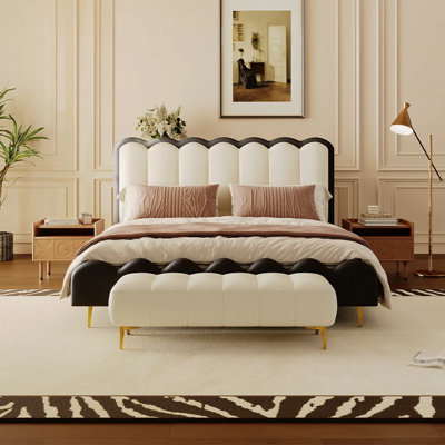 Lit tapissier courbé en cuir, cadre de lit plateforme très grand noir et beige avec support en lattes de bois, aucun sommier requis, assemblage facile